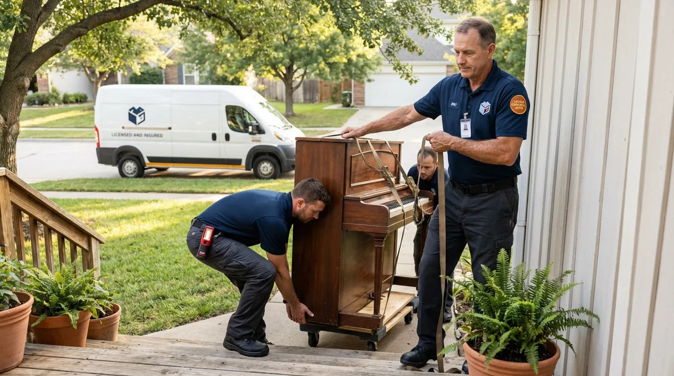 Licensed piano movers securing grand piano in Commack, NY