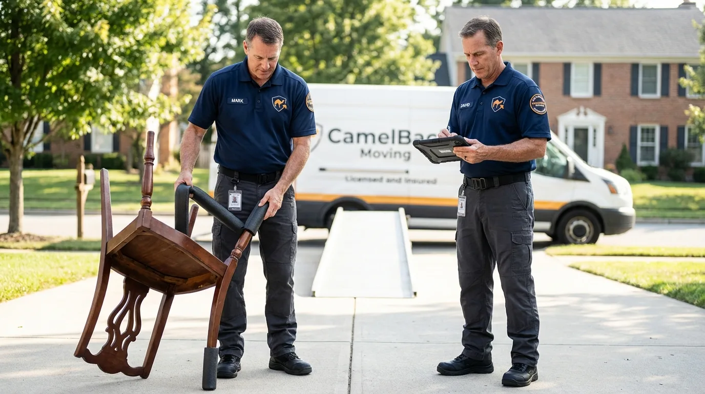 Movers inspecting furniture for damage prevention before loading in Commack, NY