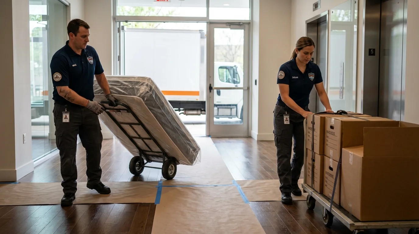 Professional apartment movers loading elevator in Commack, NY
