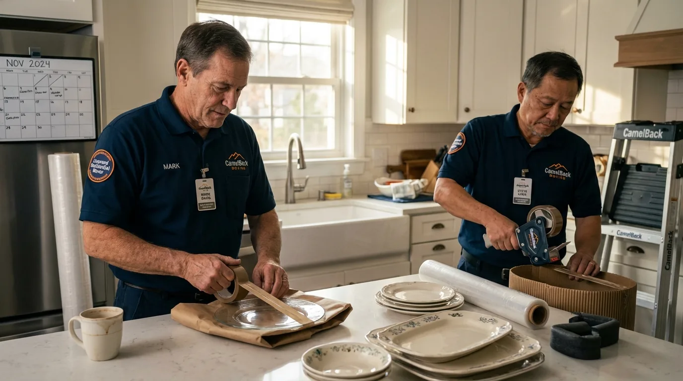 Professional crew packing kitchen dishware in Commack, NY
